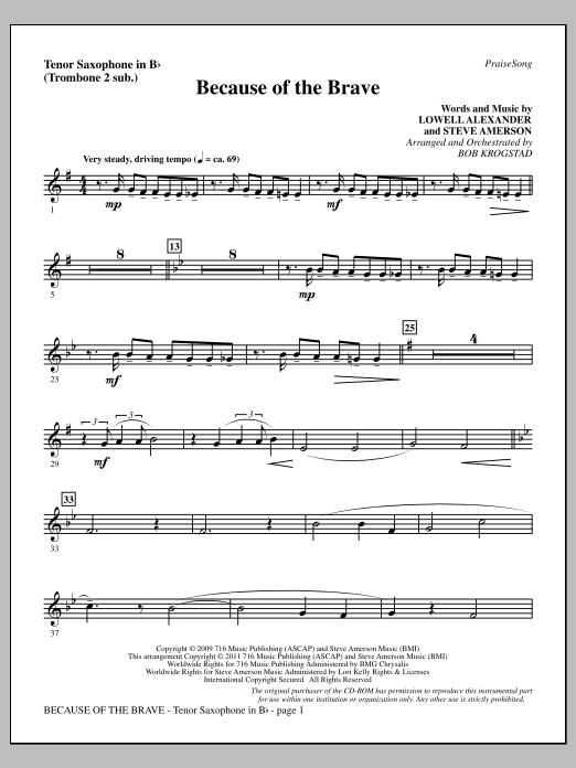 Bob Krogstad Because Of The Brave - Tenor Sax (sub. Tbn 2) sheet music notes and chords arranged for Choir Instrumental Pak