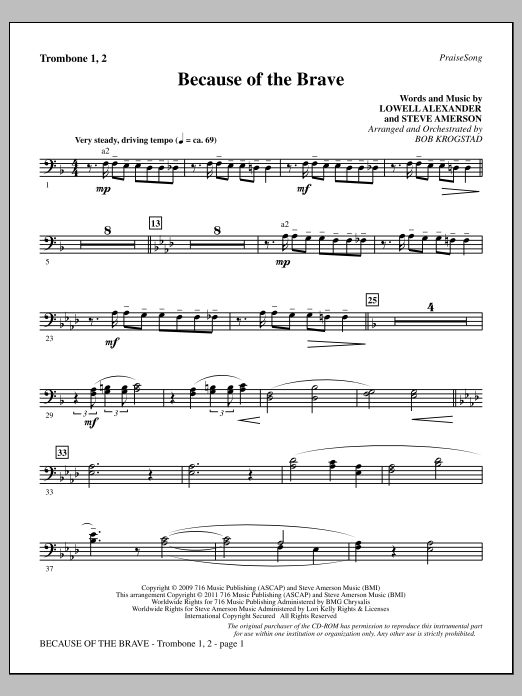 Bob Krogstad Because Of The Brave - Trombone 1 & 2 sheet music notes and chords arranged for Choir Instrumental Pak
