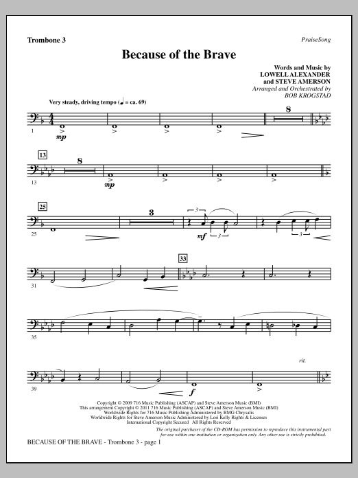 Bob Krogstad Because Of The Brave - Trombone 3 sheet music notes and chords arranged for Choir Instrumental Pak