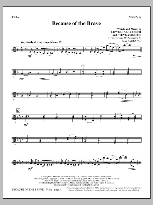 Bob Krogstad Because Of The Brave - Viola sheet music notes and chords arranged for Choir Instrumental Pak