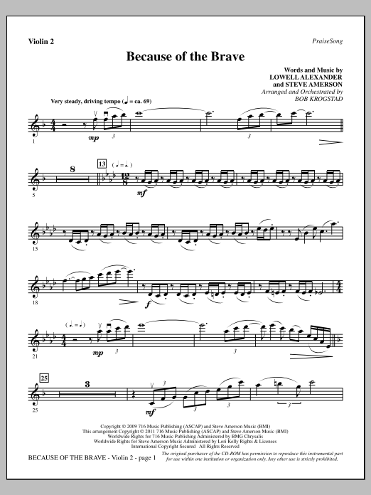 Bob Krogstad Because Of The Brave - Violin 2 sheet music notes and chords arranged for Choir Instrumental Pak