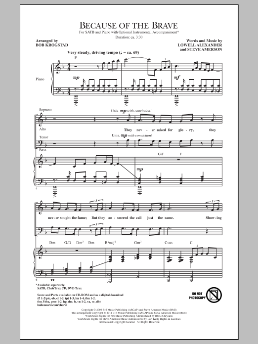 Bob Krogstad Because Of The Brave sheet music notes and chords arranged for SATB Choir