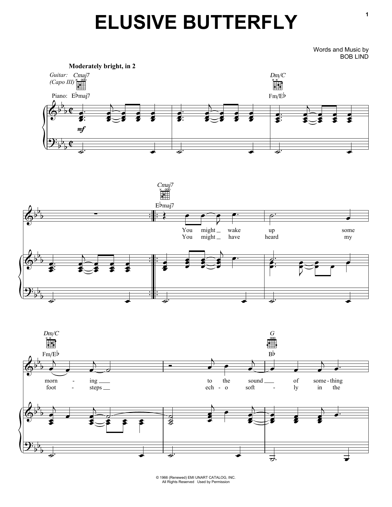 Bob Lind Elusive Butterfly sheet music notes and chords arranged for Piano, Vocal & Guitar Chords (Right-Hand Melody)