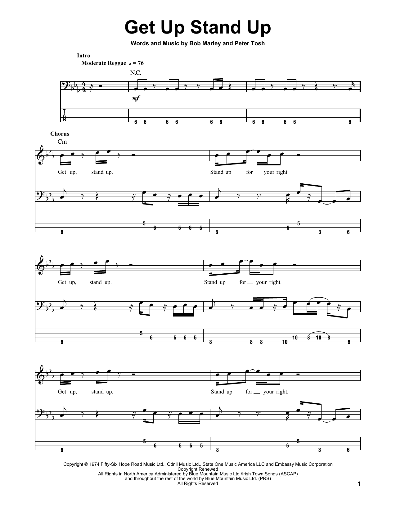 Bob Marley & The Wailers Get Up Stand Up sheet music notes and chords arranged for Bass Guitar Tab
