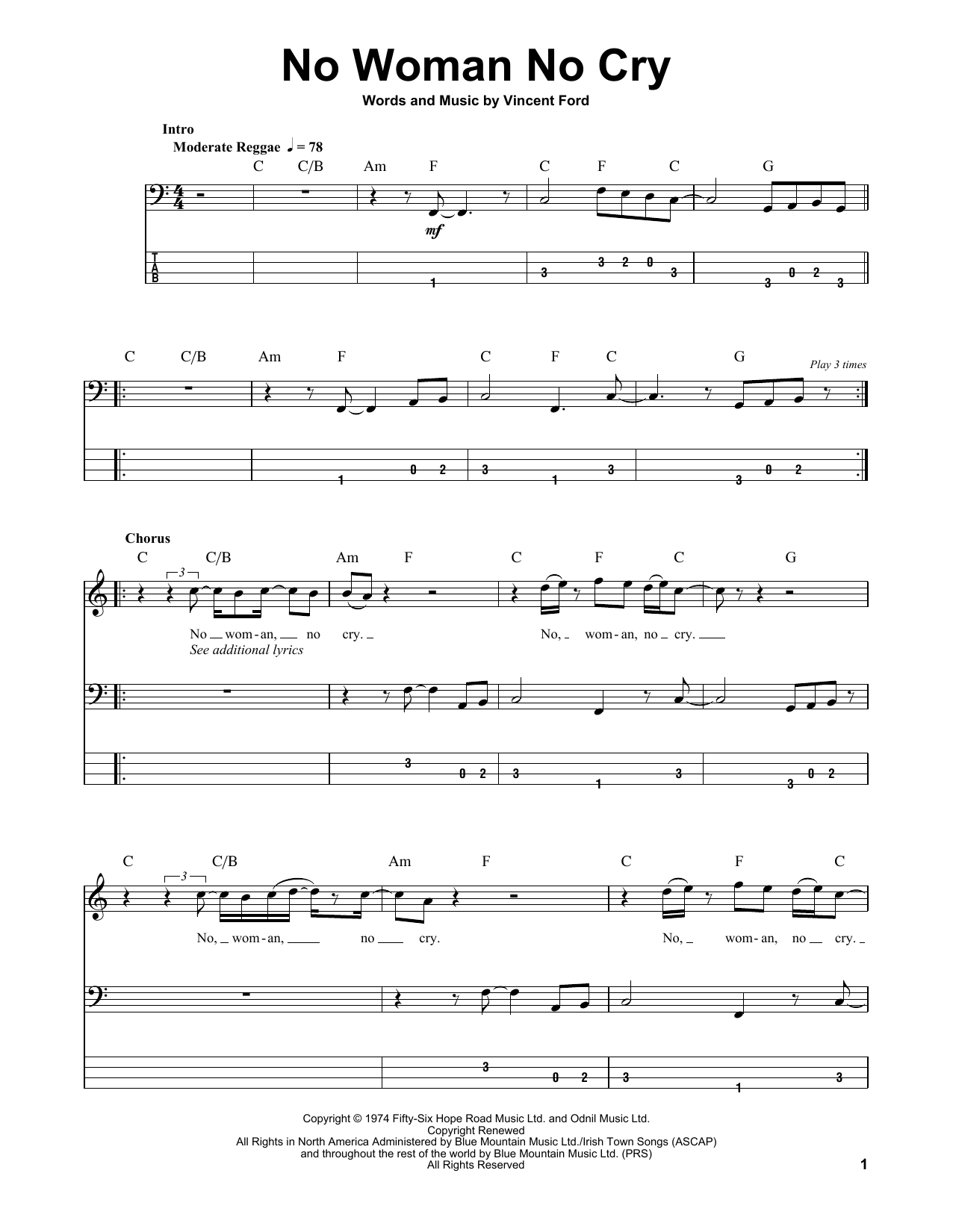 Bob Marley & The Wailers No Woman No Cry sheet music notes and chords arranged for Bass Guitar Tab