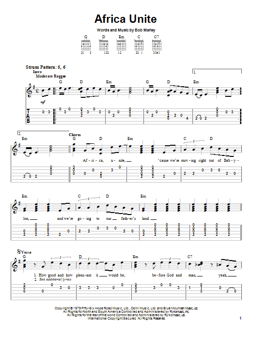 Bob Marley Africa Unite sheet music notes and chords arranged for Piano, Vocal & Guitar Chords (Right-Hand Melody)