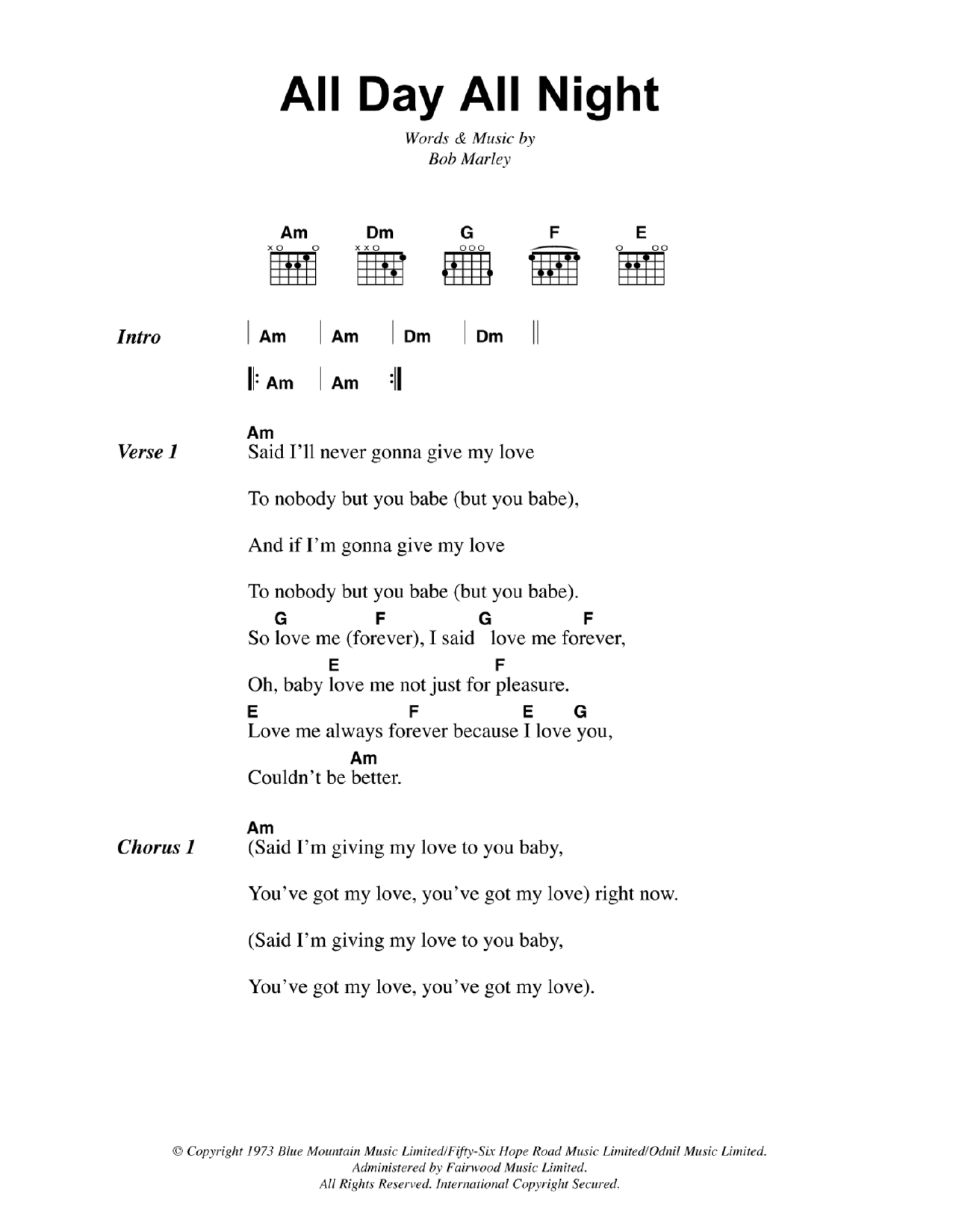 Bob Marley All Day All Night sheet music notes and chords arranged for Guitar Chords/Lyrics