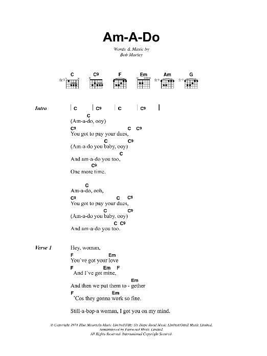 Bob Marley Am-A-Do sheet music notes and chords arranged for Guitar Chords/Lyrics