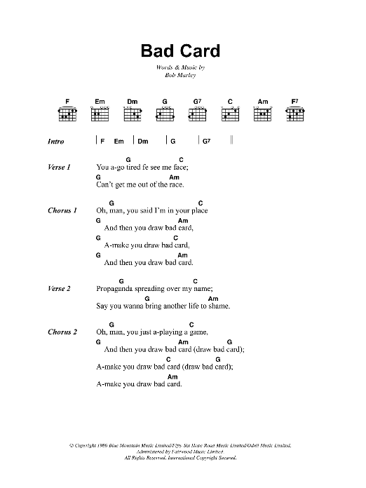 Bob Marley Bad Card sheet music notes and chords arranged for Guitar Chords/Lyrics