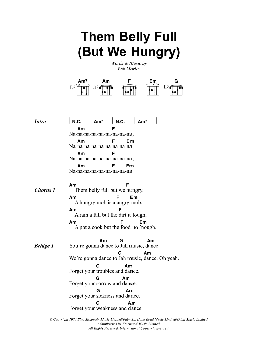 Bob Marley Belly Full (Them Belly Full (But We Hungry)) sheet music notes and chords arranged for Guitar Chords/Lyrics