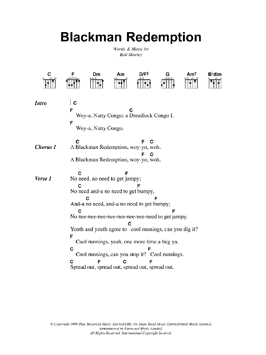 Bob Marley Blackman Redemption sheet music notes and chords arranged for Guitar Chords/Lyrics