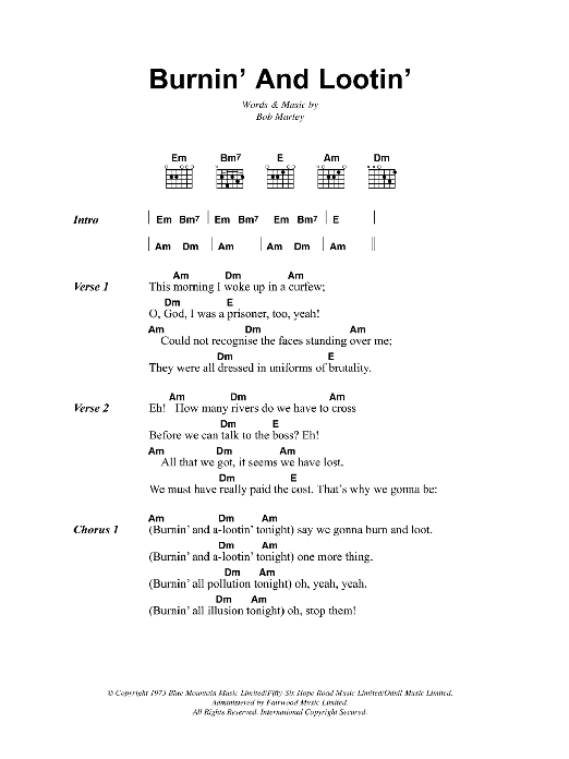 Bob Marley Burnin' And Lootin' sheet music notes and chords arranged for Guitar Chords/Lyrics