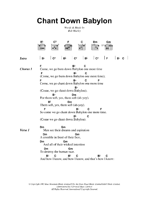 Bob Marley Chant Down Babylon sheet music notes and chords arranged for Guitar Chords/Lyrics
