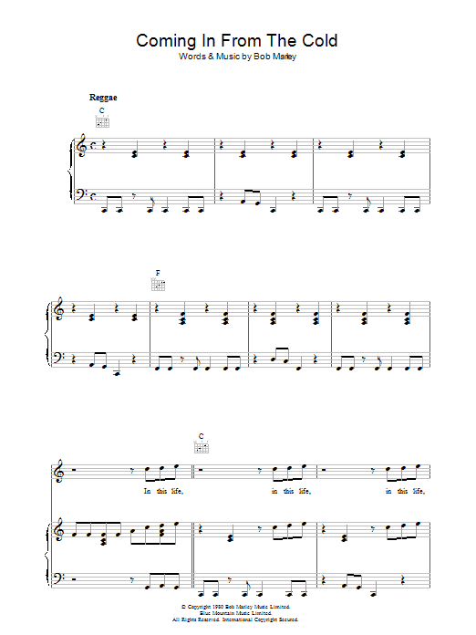 Bob Marley Coming In From The Cold sheet music notes and chords arranged for Piano, Vocal & Guitar Chords