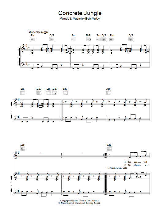 Bob Marley Concrete Jungle sheet music notes and chords arranged for Piano, Vocal & Guitar Chords