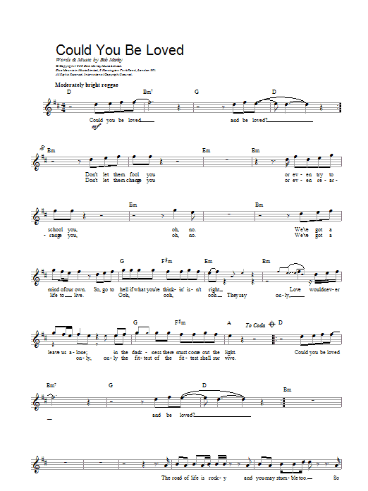 Bob Marley Could You Be Loved sheet music notes and chords arranged for Ukulele