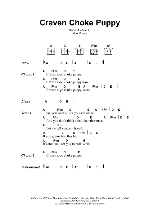 Bob Marley Craven Choke Puppy sheet music notes and chords arranged for Guitar Chords/Lyrics