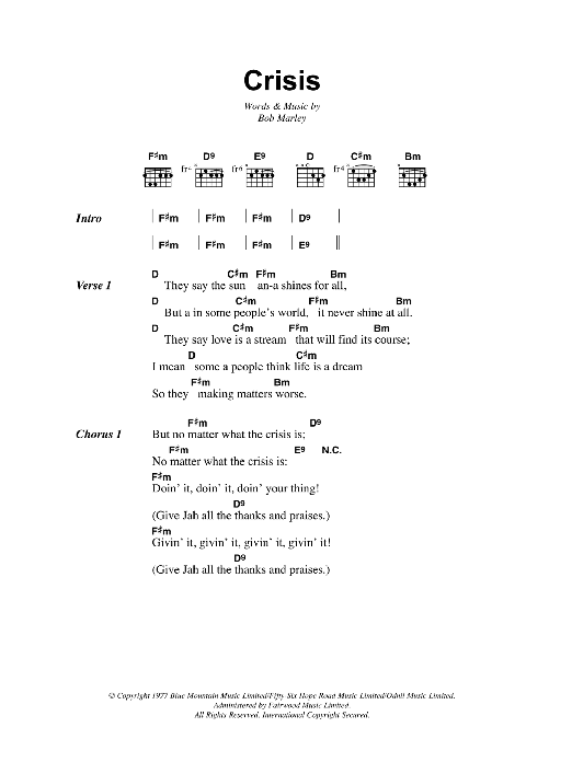 Bob Marley Crisis sheet music notes and chords arranged for Guitar Chords/Lyrics