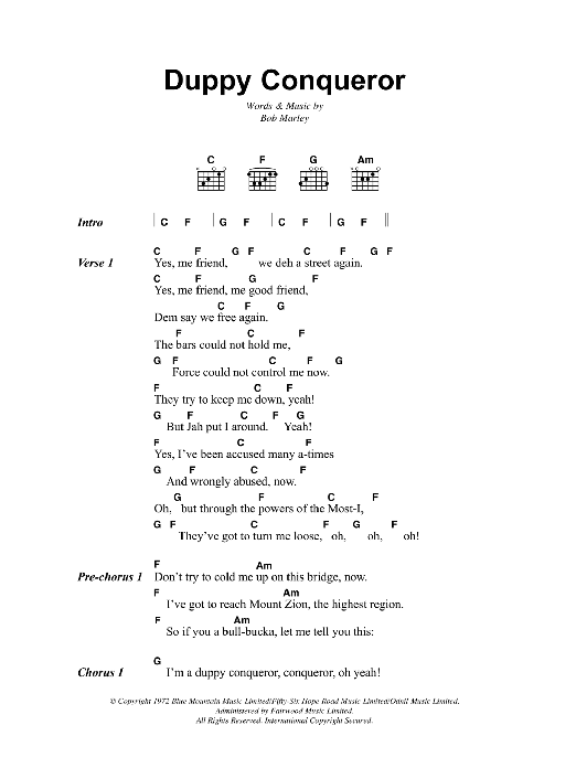Bob Marley Duppy Conqueror sheet music notes and chords arranged for Guitar Chords/Lyrics