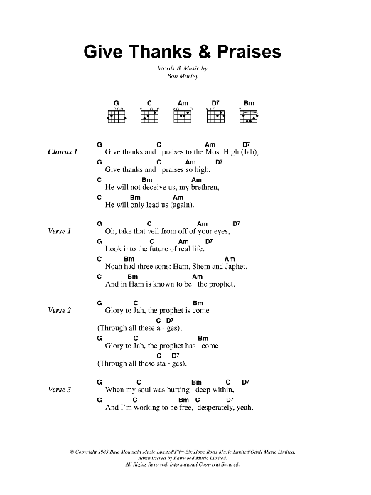 Bob Marley Give Thanks And Praises sheet music notes and chords arranged for Guitar Chords/Lyrics