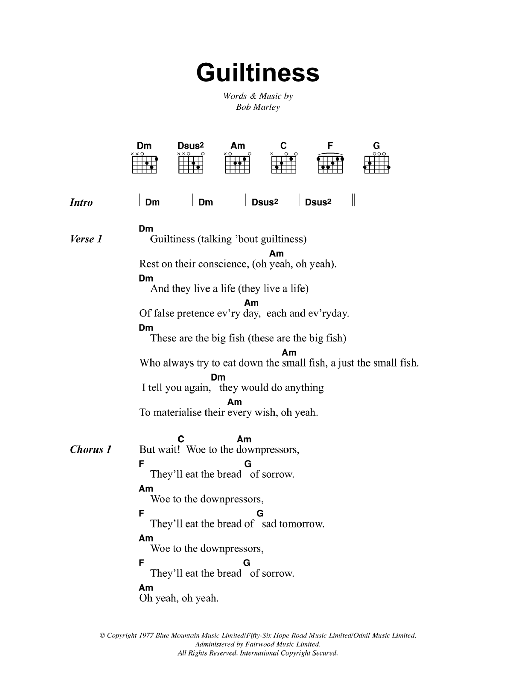 Bob Marley Guiltiness sheet music notes and chords arranged for Guitar Chords/Lyrics