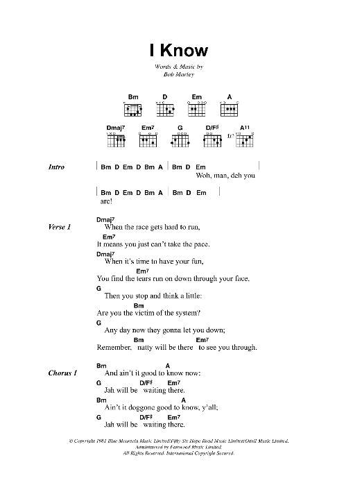 Bob Marley I Know sheet music notes and chords arranged for Guitar Chords/Lyrics