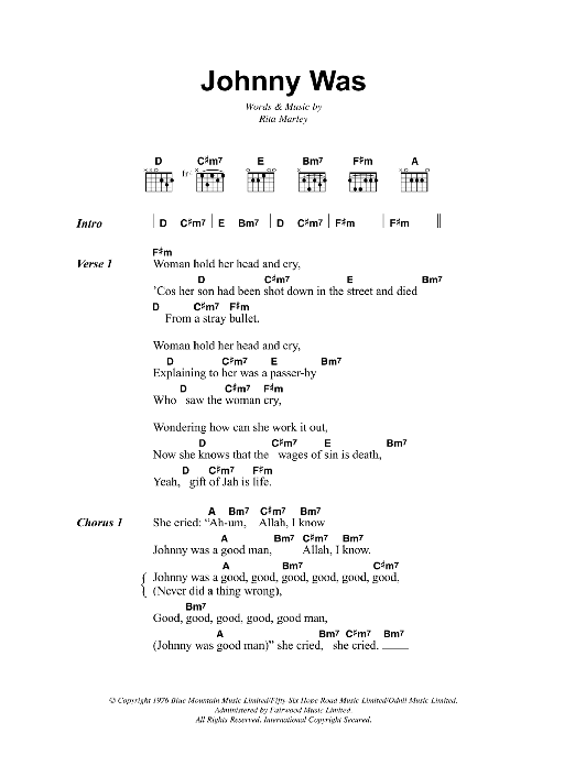 Bob Marley Johnny Was sheet music notes and chords arranged for Guitar Chords/Lyrics