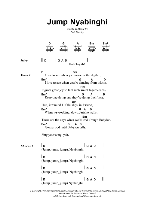 Bob Marley Jump Nyabinghi sheet music notes and chords arranged for Guitar Chords/Lyrics