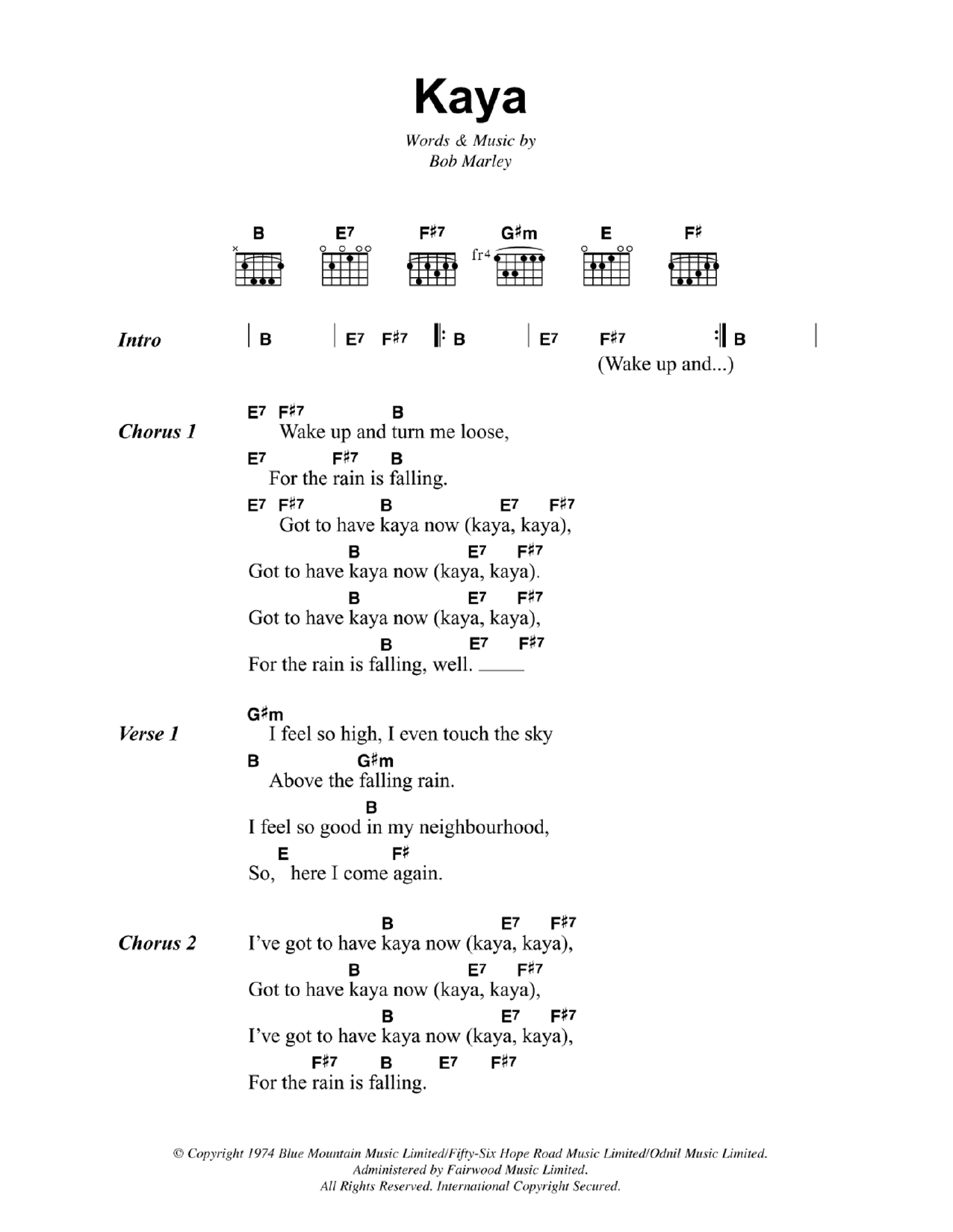 Bob Marley Kaya sheet music notes and chords arranged for Guitar Chords/Lyrics