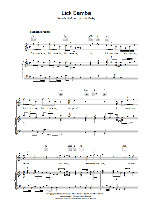 Bob Marley Lick Samba sheet music notes and chords arranged for Piano, Vocal & Guitar Chords