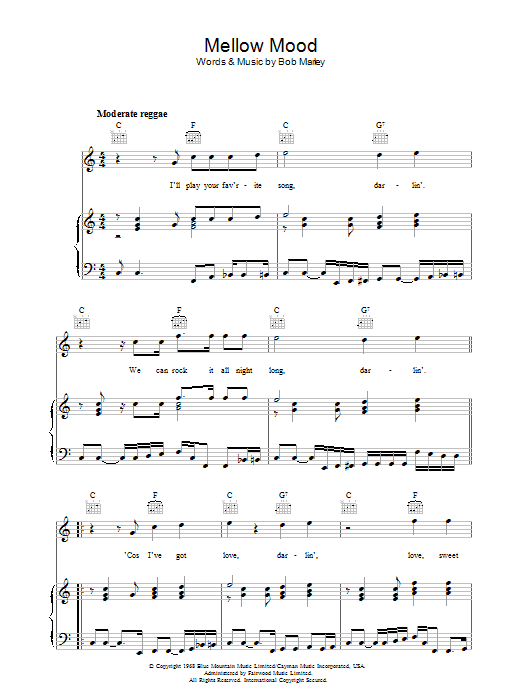 Bob Marley Mellow Mood sheet music notes and chords arranged for Piano, Vocal & Guitar Chords