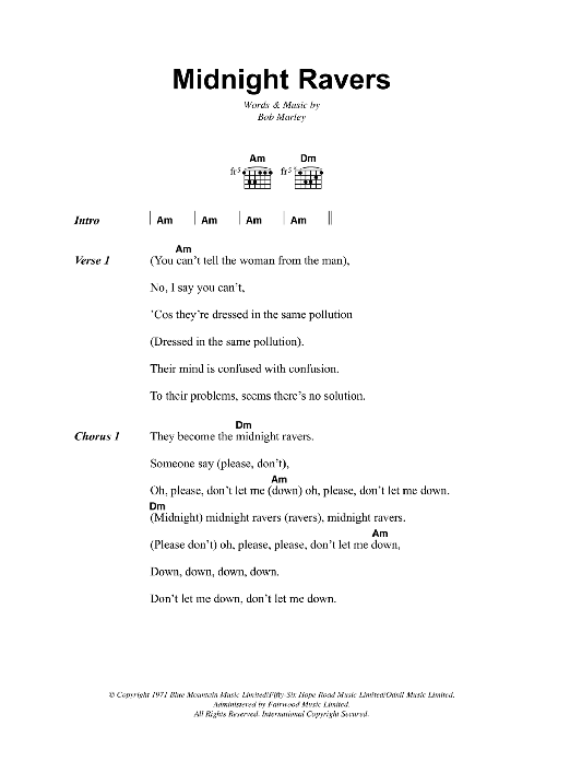 Bob Marley Midnight Ravers sheet music notes and chords arranged for Guitar Chords/Lyrics