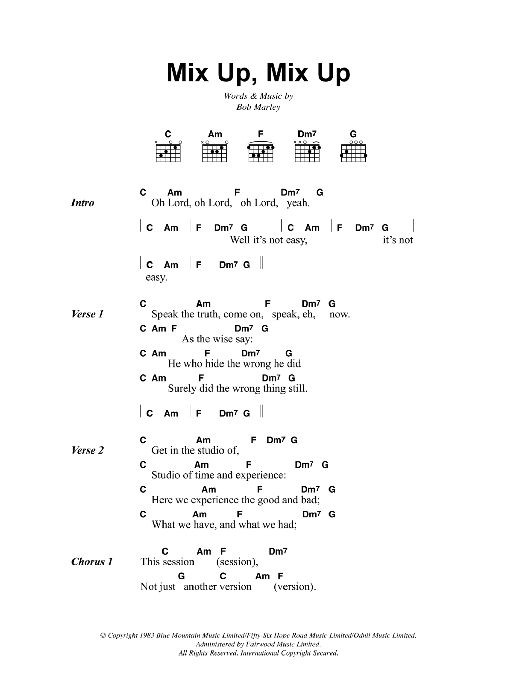 Bob Marley Mix Up, Mix Up sheet music notes and chords arranged for Guitar Chords/Lyrics