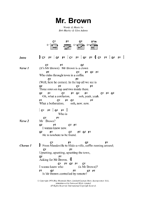 Bob Marley Mr. Brown sheet music notes and chords arranged for Guitar Chords/Lyrics