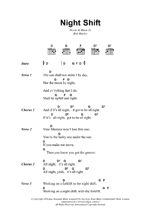 Bob Marley Night Shift sheet music notes and chords arranged for Guitar Chords/Lyrics