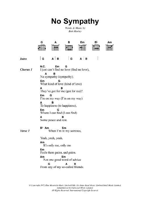 Bob Marley No Sympathy sheet music notes and chords arranged for Guitar Chords/Lyrics