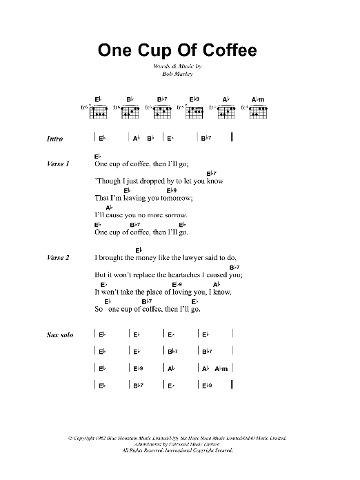 Bob Marley One Cup Of Coffee sheet music notes and chords arranged for Guitar Chords/Lyrics