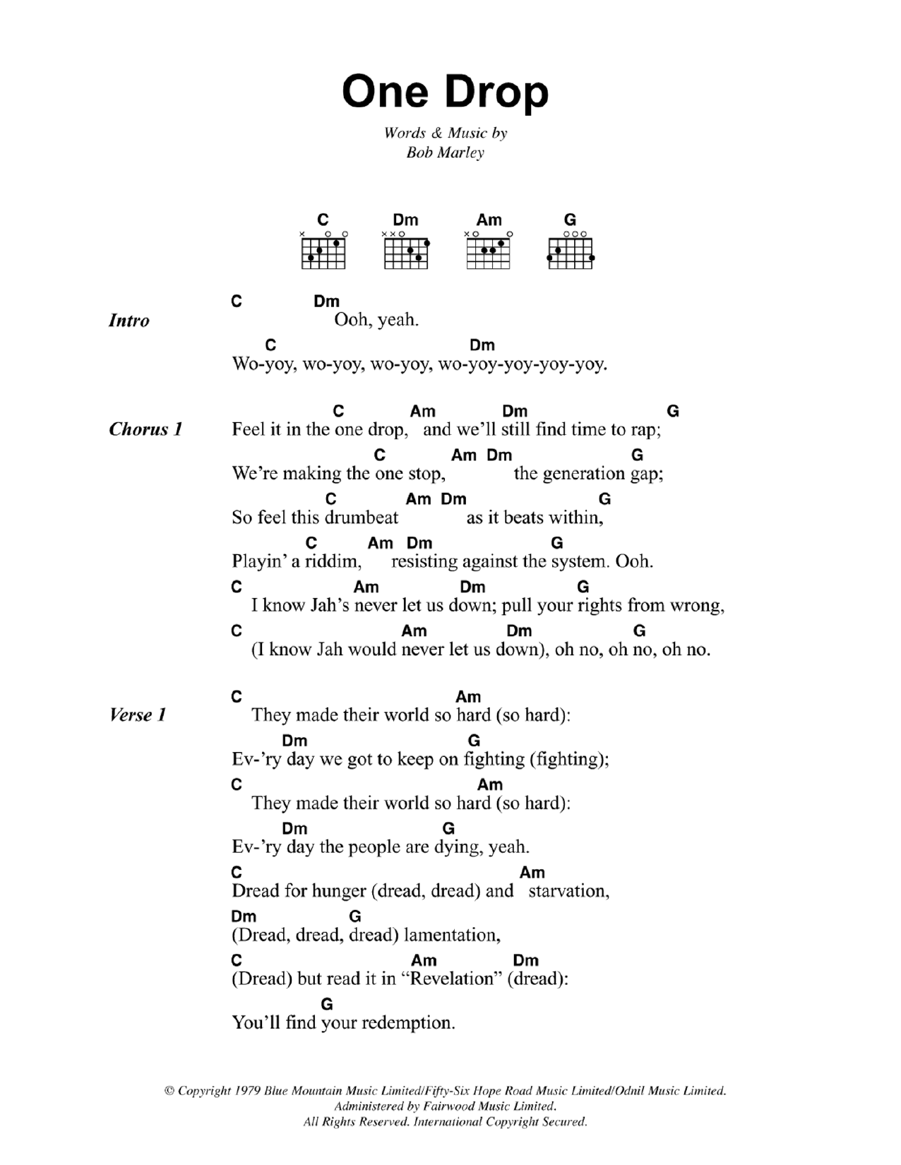 Bob Marley One Drop sheet music notes and chords arranged for Guitar Chords/Lyrics