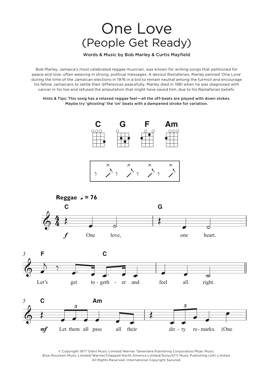 Bob Marley One Love (People Get Ready) sheet music notes and chords arranged for Ukulele