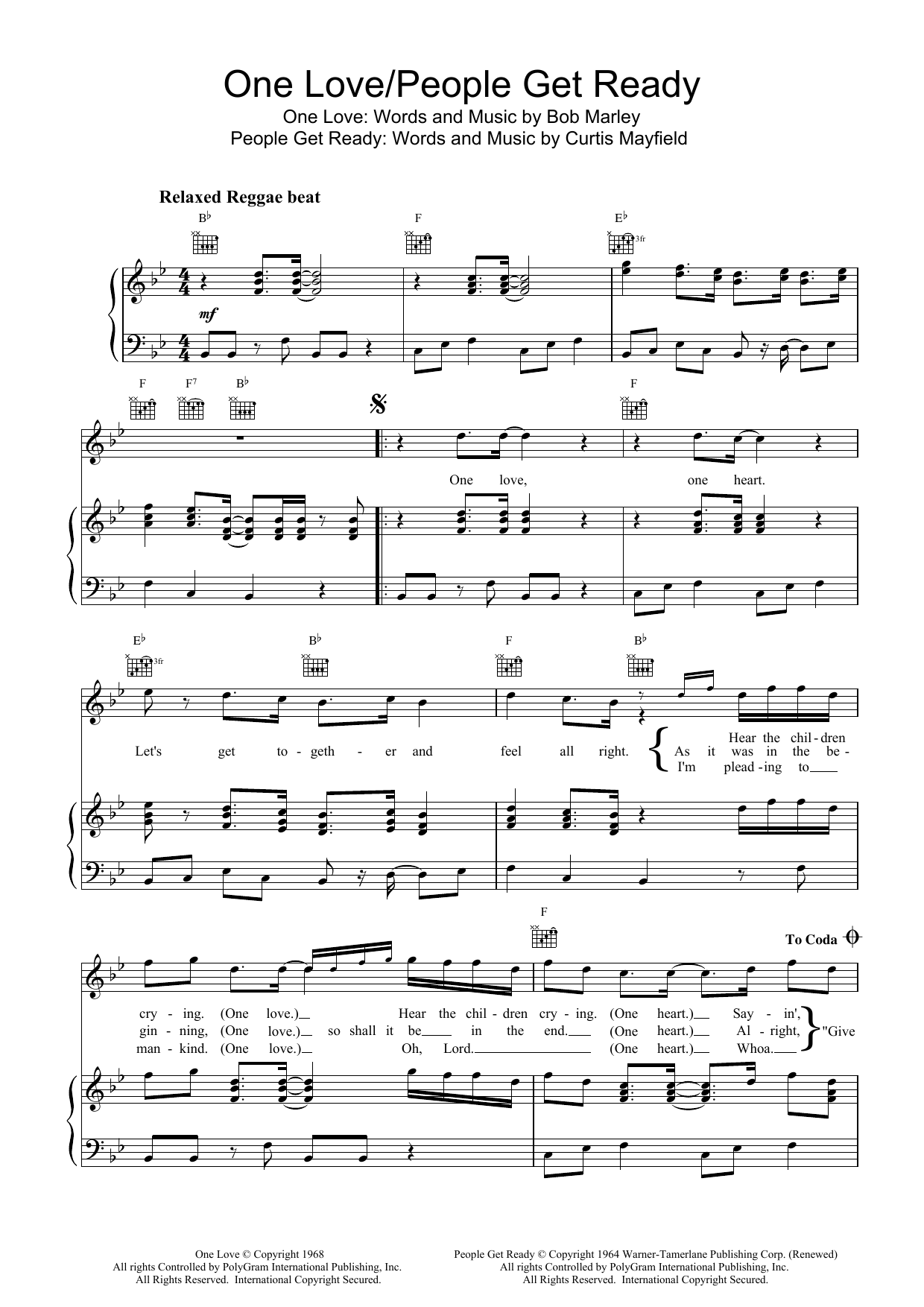 Bob Marley One Love/People Get Ready sheet music notes and chords arranged for Piano Chords/Lyrics