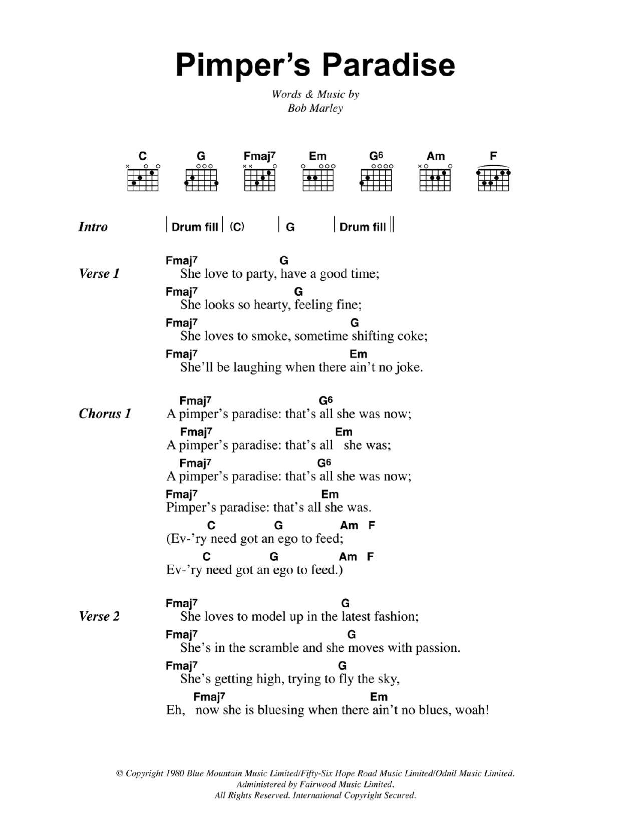 Bob Marley Pimper's Paradise sheet music notes and chords arranged for Guitar Chords/Lyrics