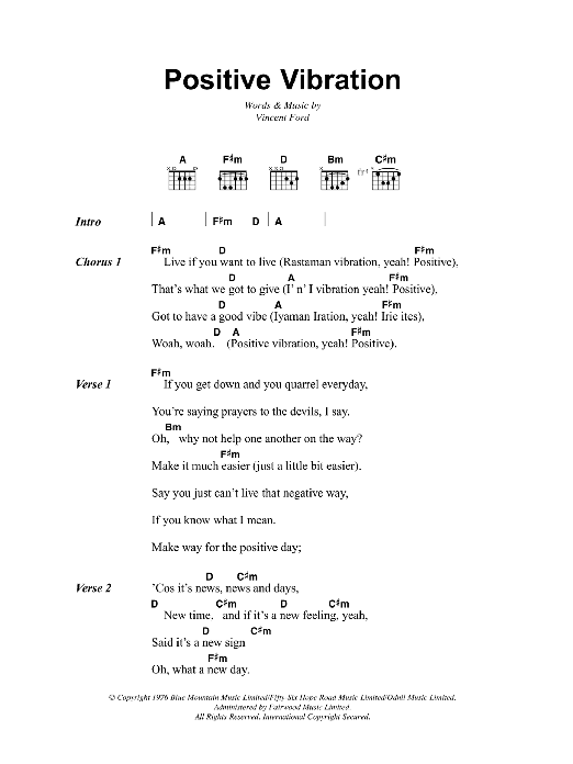 Bob Marley Positive Vibration sheet music notes and chords arranged for Guitar Chords/Lyrics