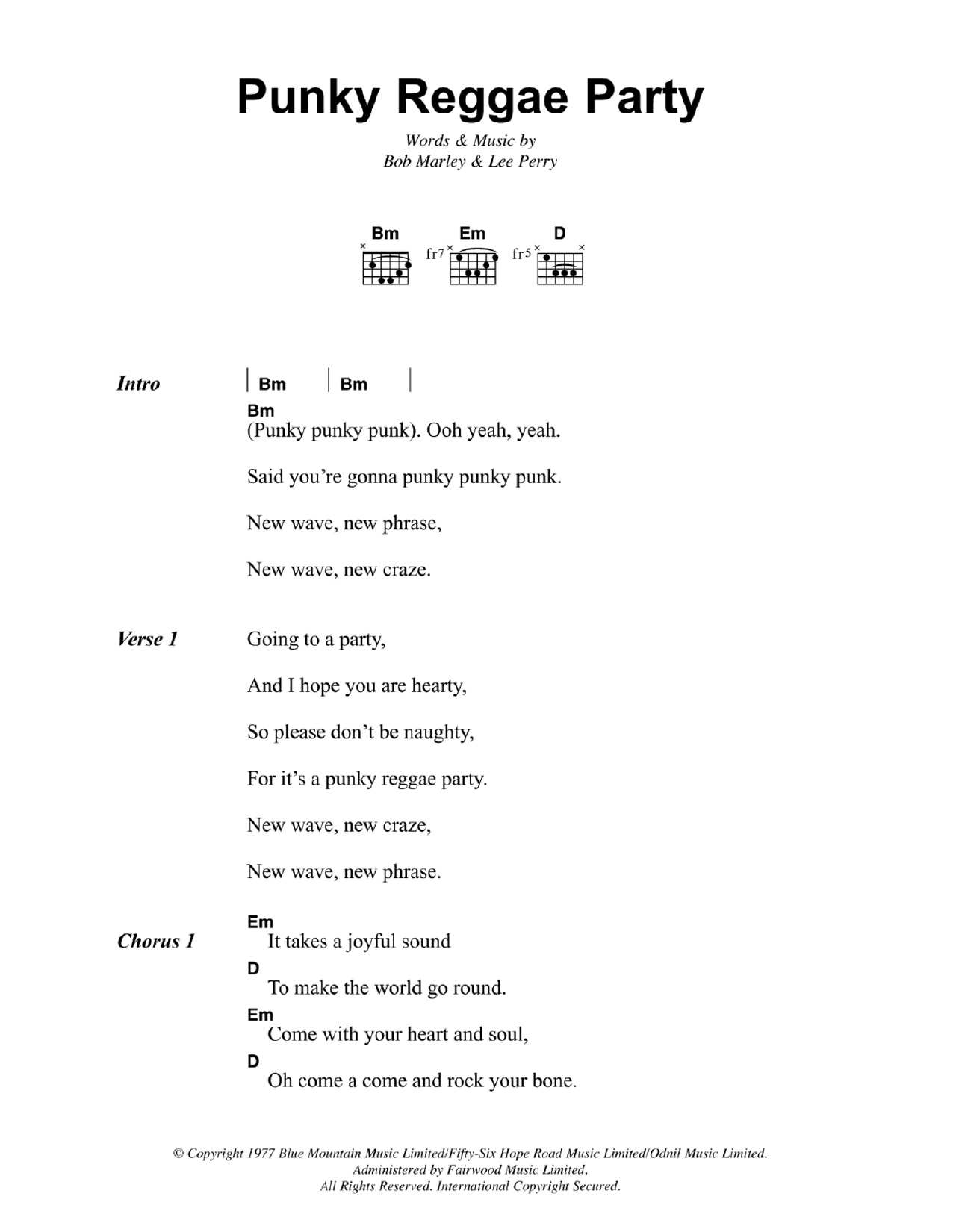 Bob Marley Punky Reggae Party sheet music notes and chords arranged for Guitar Chords/Lyrics