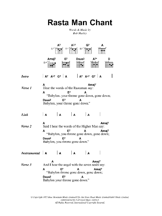 Bob Marley Rasta Man Chant sheet music notes and chords arranged for Guitar Chords/Lyrics
