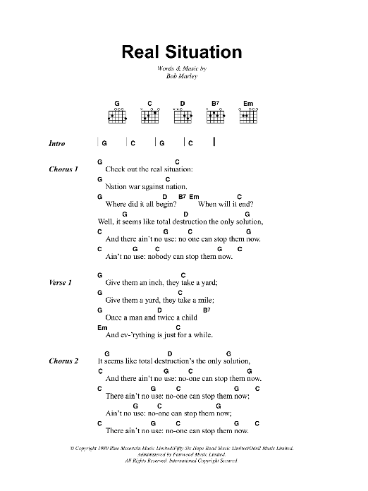 Bob Marley Real Situation sheet music notes and chords arranged for Guitar Chords/Lyrics