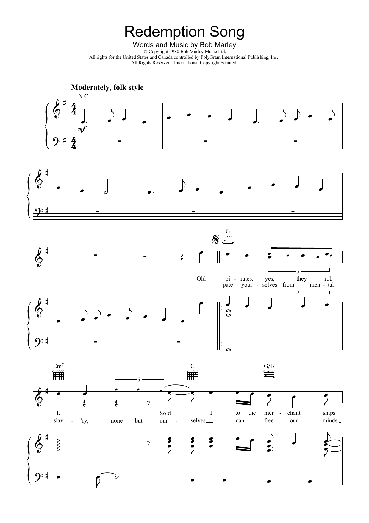 Bob Marley Redemption Song sheet music notes and chords arranged for Ukulele