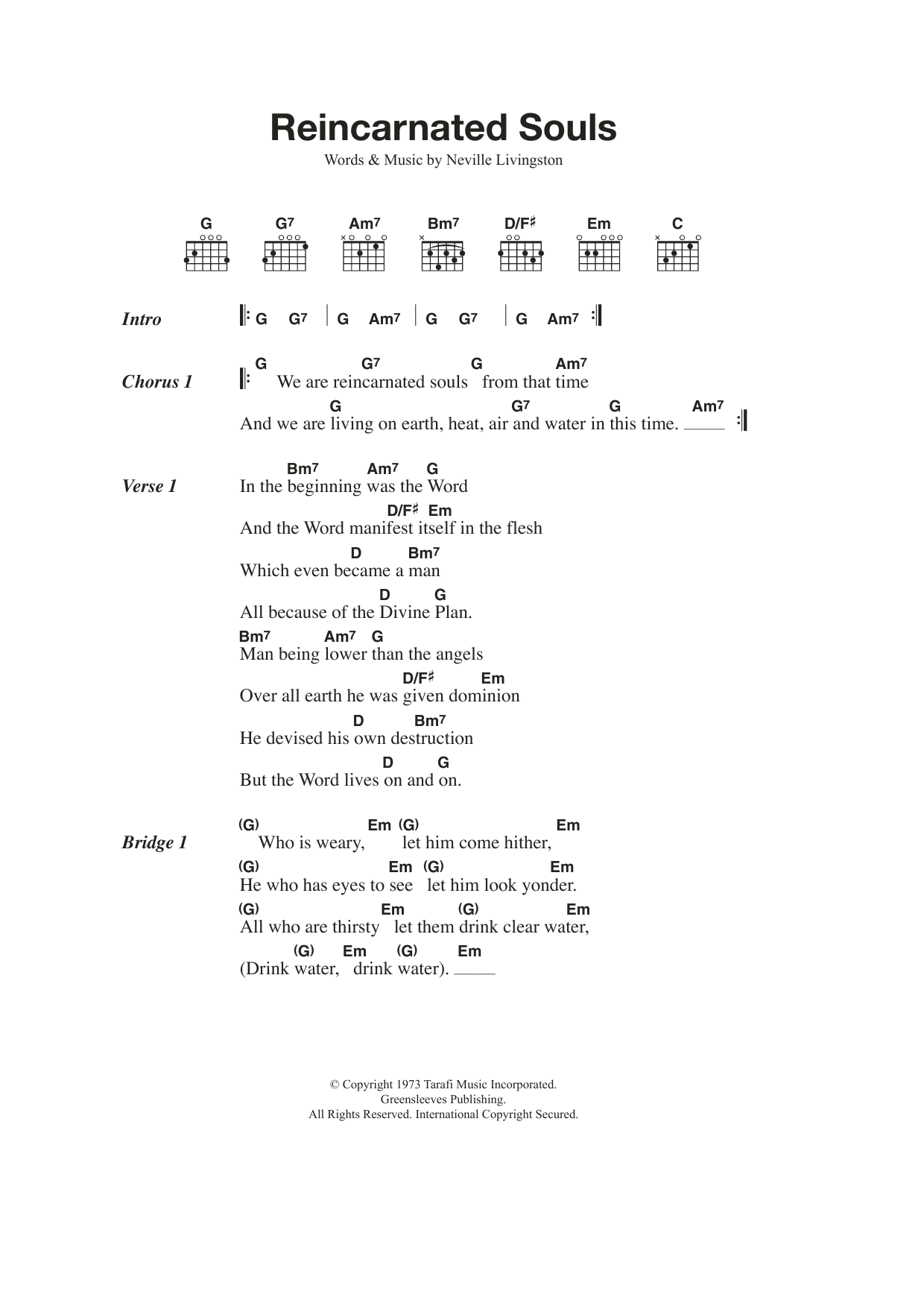 Bob Marley Reincarnated Souls sheet music notes and chords arranged for Guitar Chords/Lyrics