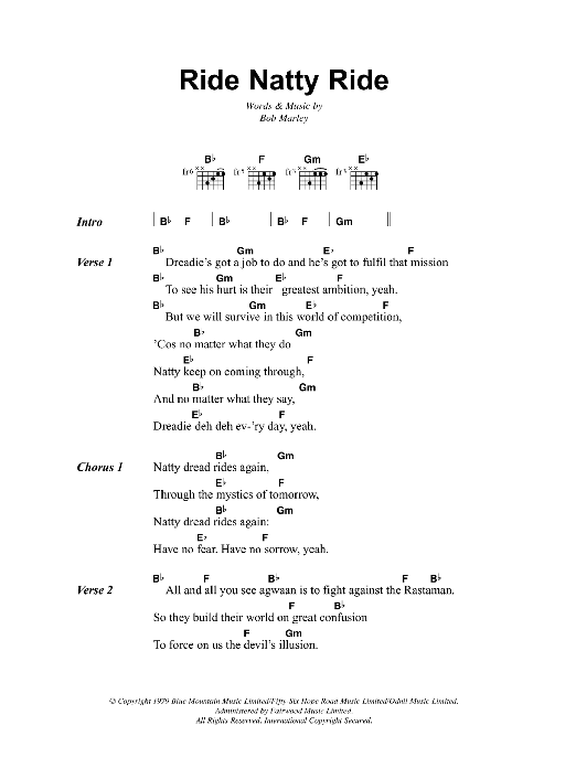 Bob Marley Ride Natty Ride sheet music notes and chords arranged for Guitar Chords/Lyrics