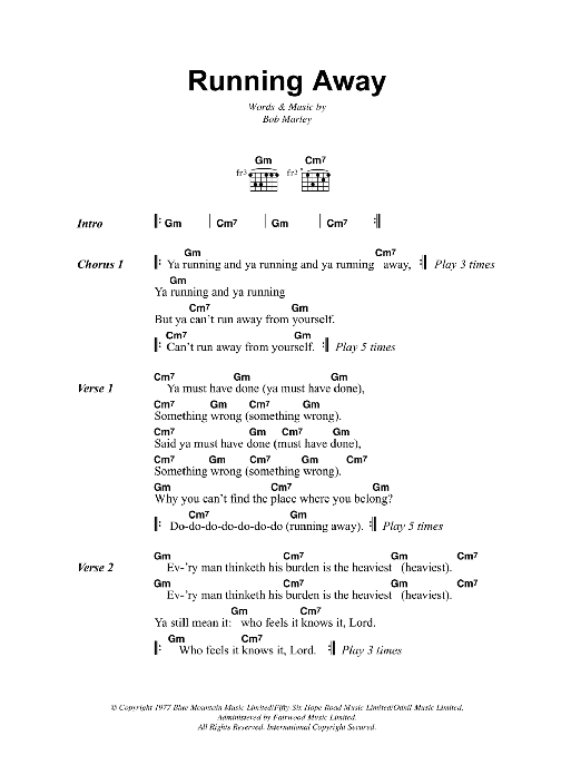 Bob Marley Running Away sheet music notes and chords arranged for Guitar Chords/Lyrics