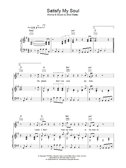 Bob Marley Satisfy My Soul sheet music notes and chords arranged for Piano, Vocal & Guitar Chords (Right-Hand Melody)